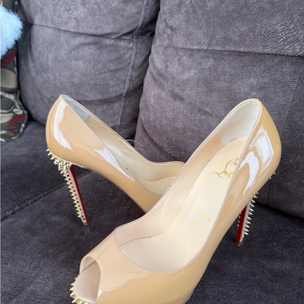Christian Louboutin Nude and Red Spiked Heels - Picture 5 of 6